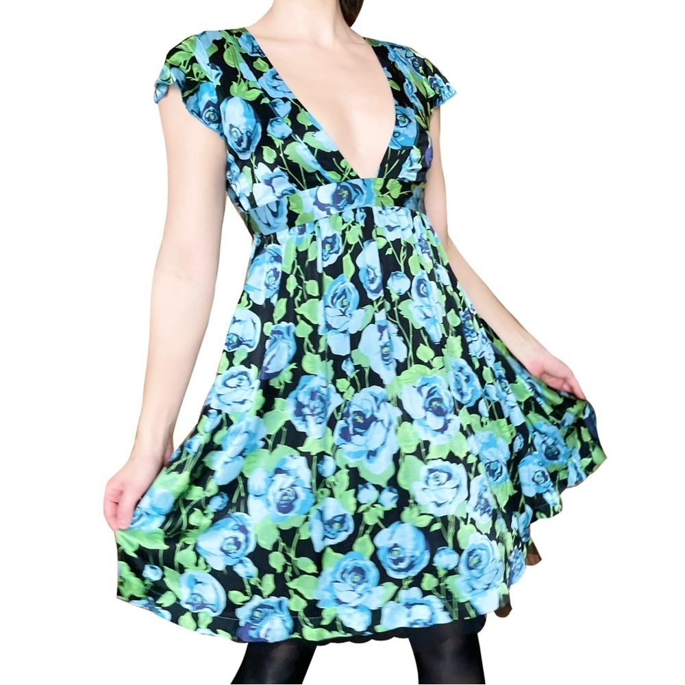 Free People Rosette Floral Whimsigoth Silk Babydoll Plunge V Neck Mini Dress 4